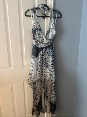 bebe Black & White Animal-Print High-Low Halter Dress